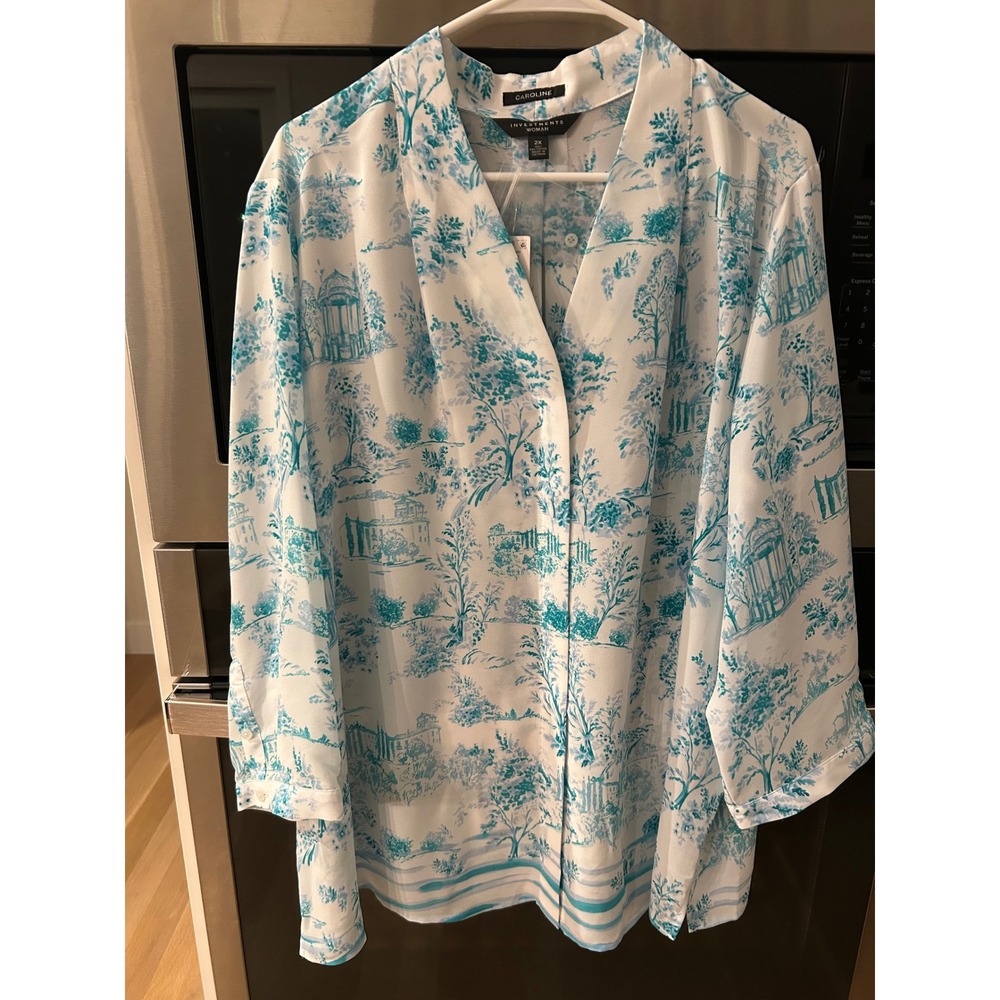 Investments Caroline Women's Blue & White‎ Toile Scenic Print plus sz 2X, Button